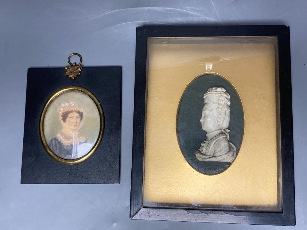 A late 18th century gesso profile portrait of a lady, framed, named verso ‘Haycraft. 1775’, together with an associated portrait miniature of a lady, titled verso ‘Grandmama Haycraft’ (Katherine Westbrook)